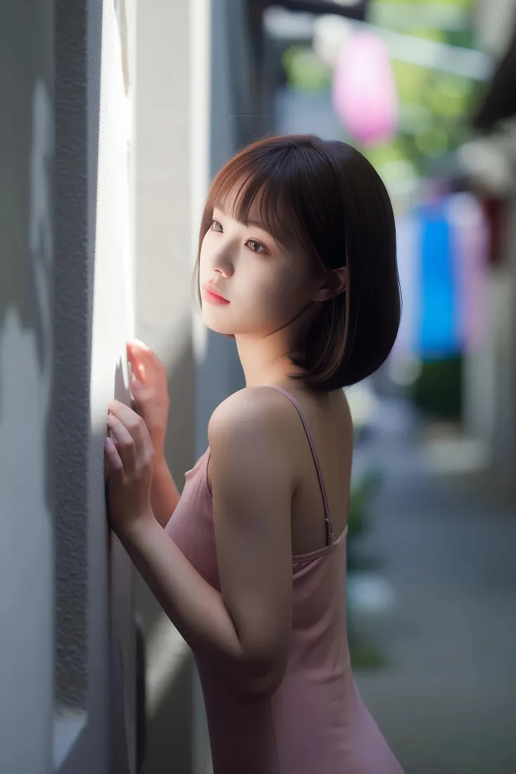 短发粉裙美女手机壁纸｜窗边人像背景图片 - 氛围感写真「哲风壁纸」