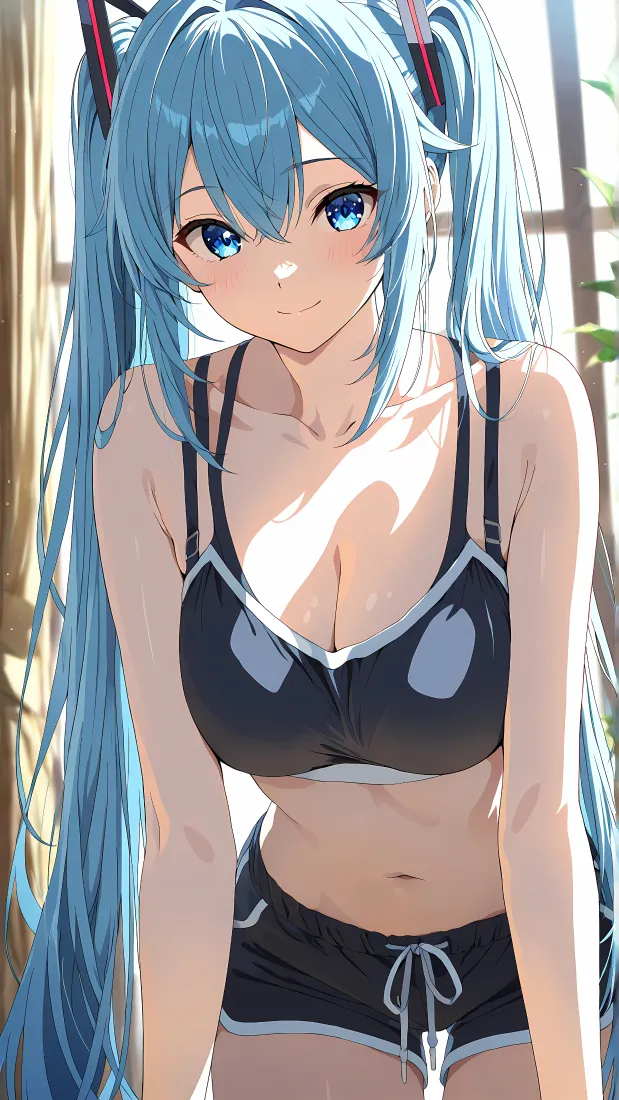 初音未来手机壁纸｜运动内衣背景图片 - 蓝发双马尾少女「哲风壁纸」