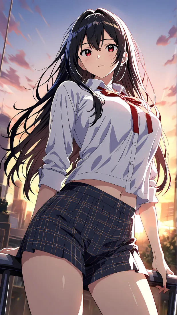 JK少女｜二次元动漫背景图片 - 黑发红瞳制服少女黄昏天台「哲风壁纸」