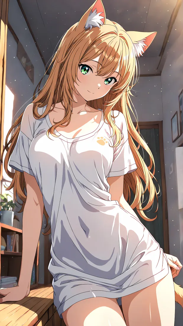 猫耳少女手机壁纸｜背景图片 - 白T恤居家二次元女孩「哲风壁纸」