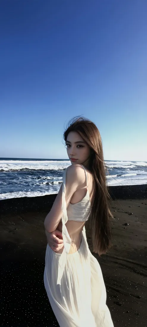 海边白裙美女手机壁纸｜黑沙滩背景图片 - 晴空海浪回眸「哲风壁纸」