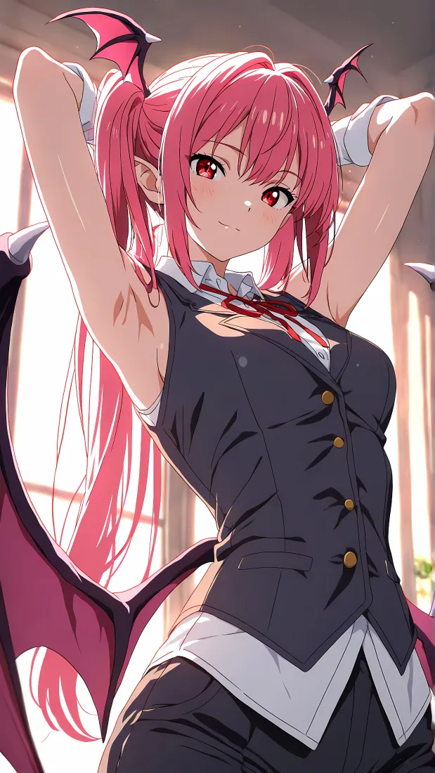 红发恶魔少女手机壁纸｜背景图片 - 二次元制服少女「哲风壁纸」