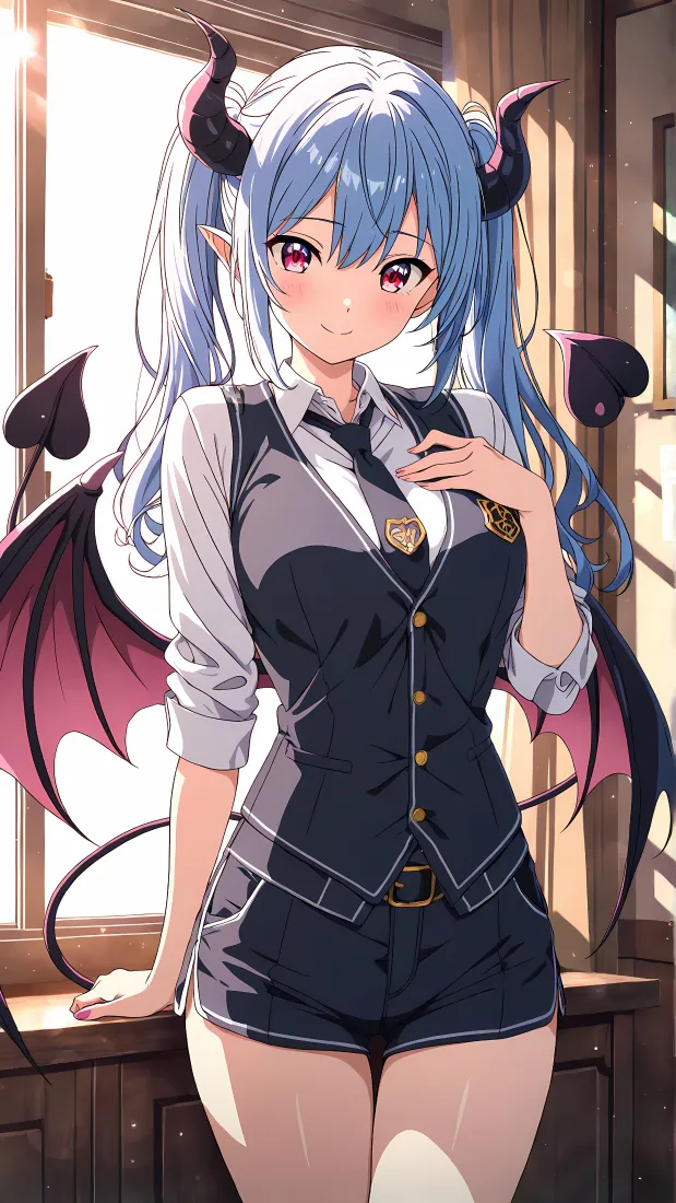 蓝发小恶魔少女手机壁纸｜二次元制服背景图片 - 窗边魅魔「哲风壁纸」