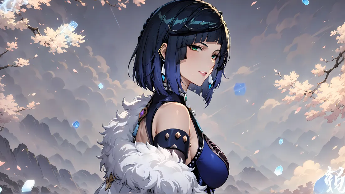 4k夜兰壁纸｜原神二创背景图片 - 蓝发御姐樱花山景「哲风壁纸」