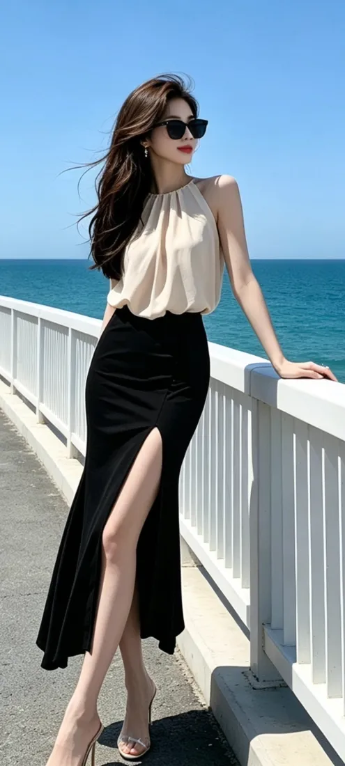 海边气质美女手机壁纸｜蓝天海景背景图片 - 挂脖上衣开叉长裙墨镜穿搭「哲风壁纸」