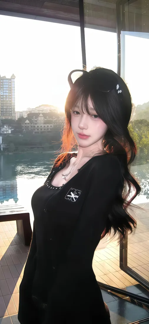 黑衣长发美女手机壁纸｜落地窗背景图片 - 逆光氛围感纯欲穿搭「哲风壁纸」