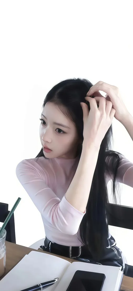 长发粉衣美女手机壁纸｜白背景室内图 - 清冷氛围感女生「哲风壁纸」