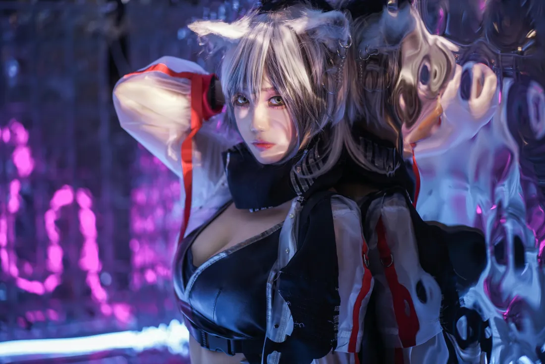 8k明日方舟黑壁纸｜赛博霓虹背景图片 - 兽耳少女cosplay「哲风壁纸」