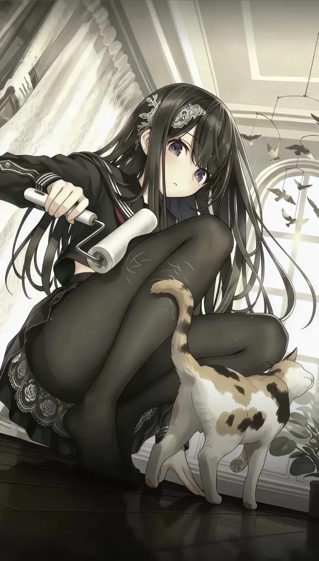 黑长直少女手机手机壁纸｜背景图片 - 黑丝制服三花猫室内插画「哲风壁纸」