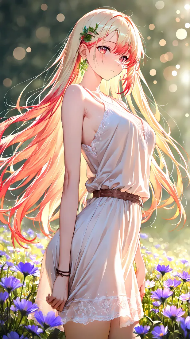 二次元少女｜花田逆光背景图片 - 金发渐变吊带裙「哲风壁纸」