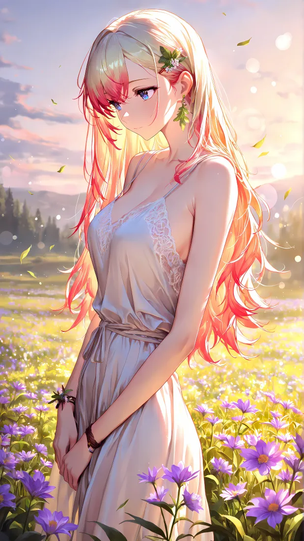 渐变长发少女｜花田夕阳背景图片 - 吊带长裙二次元「哲风壁纸」