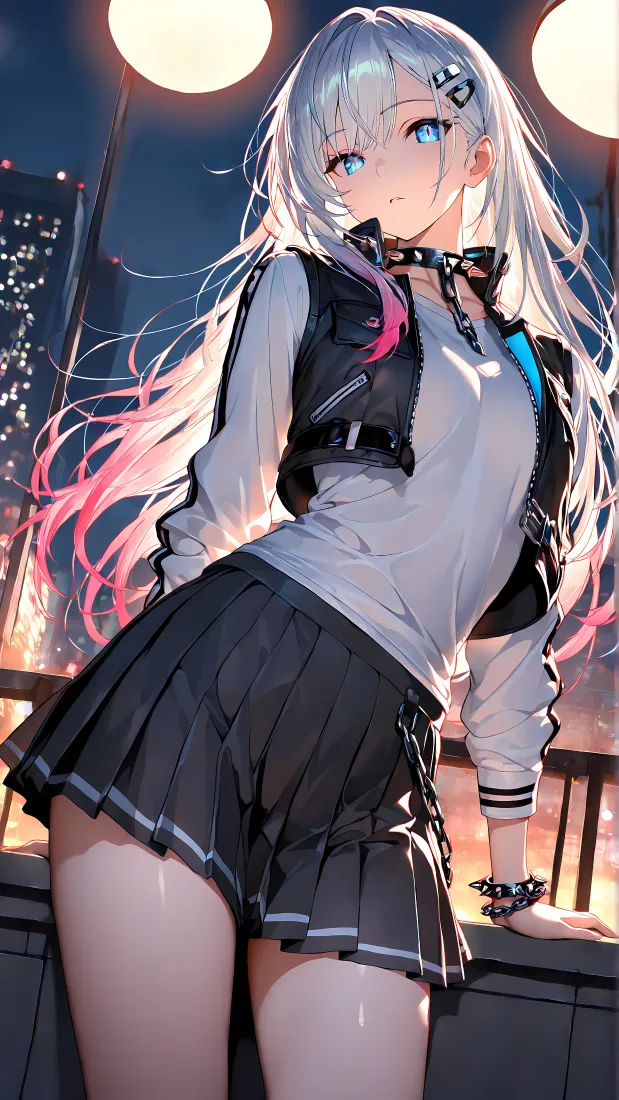银发少女手机壁纸｜天台夜景背景图片 - 百褶裙蓝瞳二次元少女「哲风壁纸」