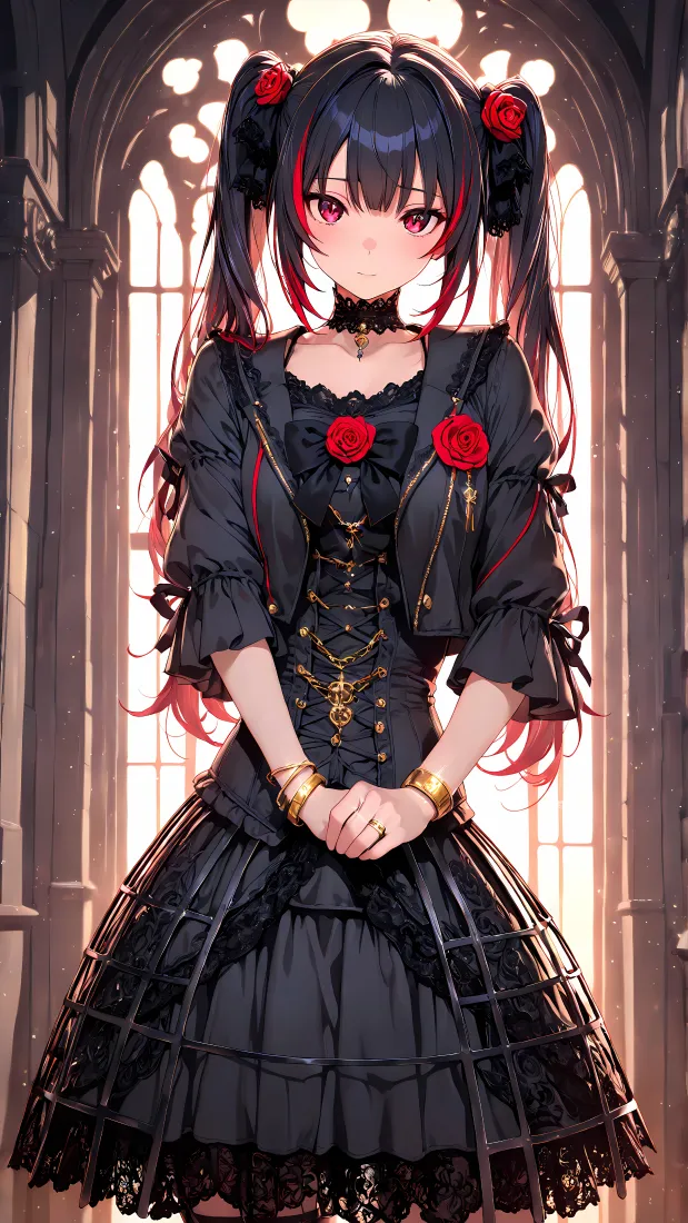 哥特双马尾少女手机壁纸｜暗黑红玫瑰背景图片 - 教堂窗景「哲风壁纸」