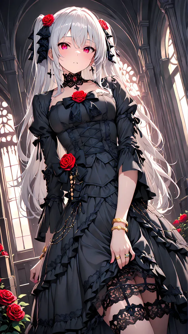 哥特萝莉少女手机壁纸｜黑裙红玫瑰背景 - 白发红瞳二次元「哲风壁纸」