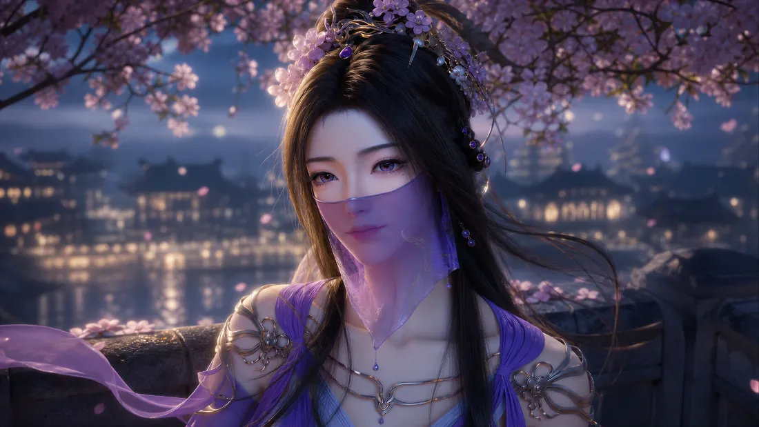 4k紫灵仙子壁纸｜凡人修仙传背景图片 - 紫纱蒙面古风夜景「哲风壁纸」