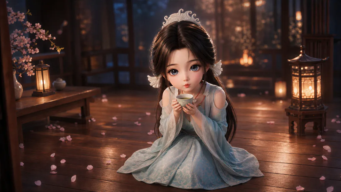 4k宋玉古风Q版少女壁纸｜暖灯夜室背景图片 - 蓝衣捧茶「哲风壁纸」