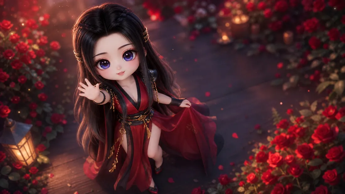 2k元瑶壁纸｜红裙Q版背景图片 - 玫瑰夜灯古风少女「哲风壁纸」