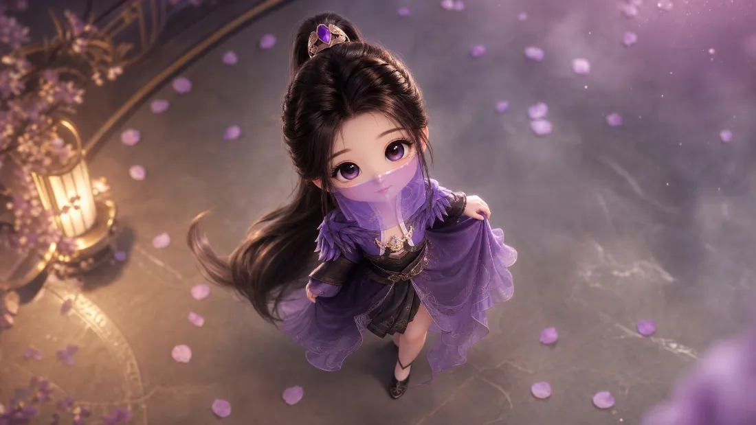 2k紫灵壁纸｜Q版紫纱少女背景图片 - 花瓣古风夜景「哲风壁纸」