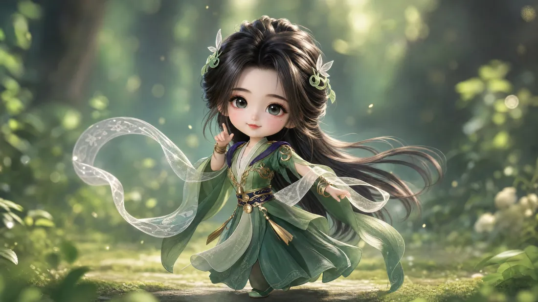 3k函云芝Q版古风少女壁纸｜森林绿衣背景图片 - 仙气飘带「哲风壁纸」