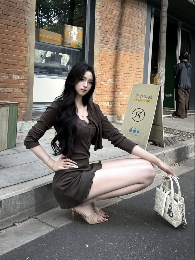 街拍御姐美女手机壁纸｜棕色穿搭背景图片 - 街头蹲姿「哲风壁纸」