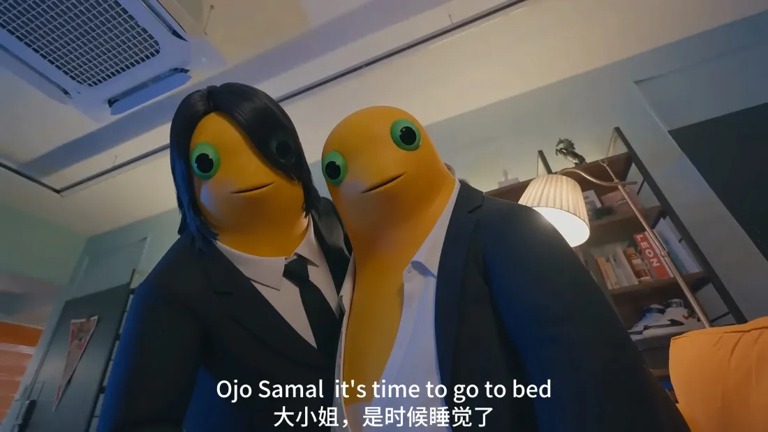 3k黄鱼人西装｜室内搞怪动画背景图片 - 双人俯视「哲风壁纸」