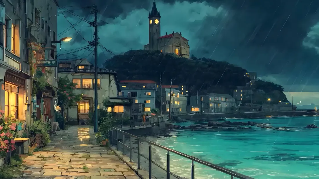 5k雨夜海滨小镇壁纸｜海边街道背景图片 - 钟楼暖灯插画「哲风壁纸」