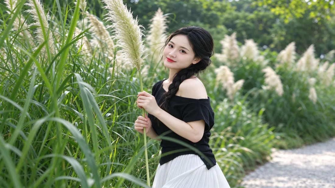 3k气质美女壁纸｜黑上衣白裙背景图片 - 蒲苇草丛户外写真「哲风壁纸」