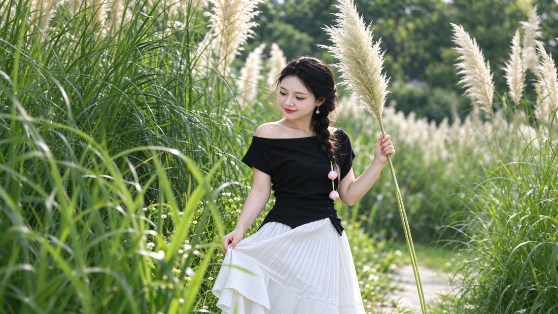 3k气质美女壁纸｜黑上衣白大摆裙 - 蒲苇丛清新人像「哲风壁纸」