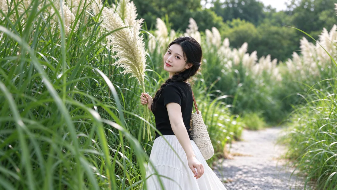 3k黑上衣白裙女子壁纸｜蒲苇草背景图片 - 郊野小路清新人像「哲风壁纸」
