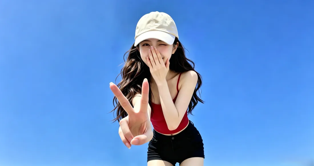 3k元气少女壁纸｜蓝天背景图片 - 比耶甜妹穿搭「哲风壁纸」