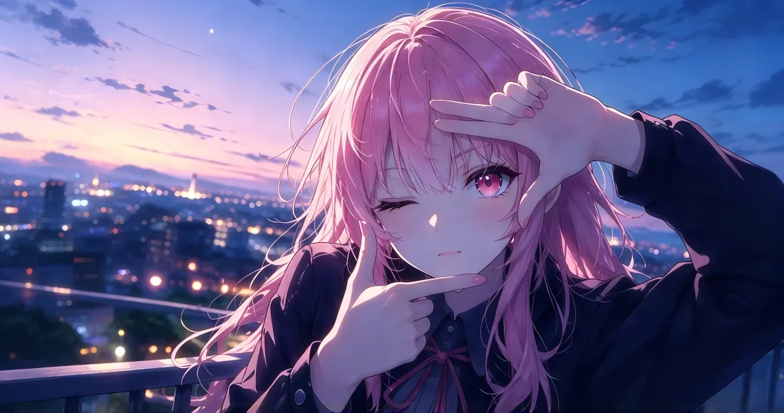 3k粉发少女壁纸｜黄昏城市背景 - 天台眨眼二次元少女「哲风壁纸」