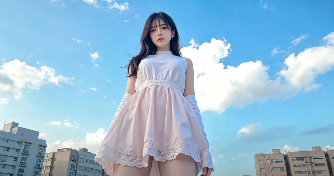 3k粉裙少女壁纸｜蓝天背景图片 - 天台城市人像「哲风壁纸」