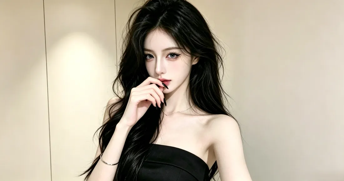 3k黑长卷发冷艳美女壁纸｜黑色抹胸背景图片 - 纯欲御姐风「哲风壁纸」