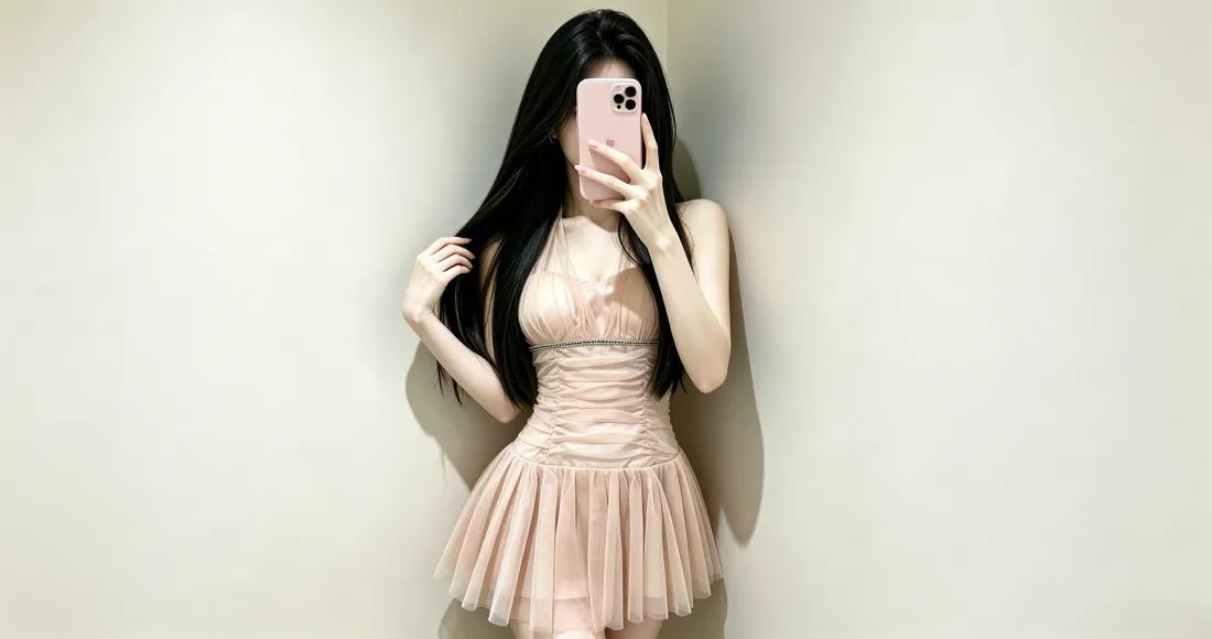 3k裸粉挂脖百褶裙美女壁纸｜对镜自拍背景图片 - 纯欲辣妹风「哲风壁纸」