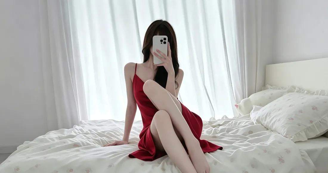 3k红裙美女自拍壁纸｜卧室白纱背景 - 纯欲风居家写真「哲风壁纸」