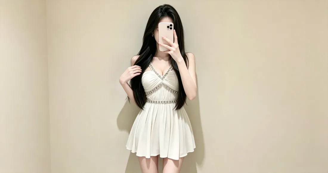 3k白裙美女壁纸｜背景图片 - 对镜自拍纯欲风「哲风壁纸」