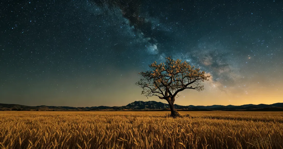 3k孤树星空麦田壁纸｜旷野夜景背景图片 - 治愈自然风景「哲风壁纸」