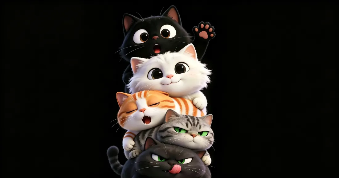 3k叠叠猫咪壁纸｜背景图片 - 3D萌猫黑底可爱插画「哲风壁纸」