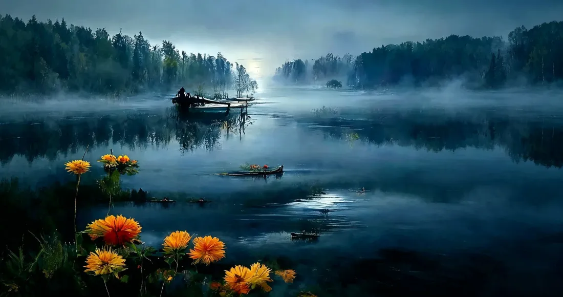 3k晨雾湖泊森林壁纸｜背景图片 - 静谧湖面小船橙花自然风景「哲风壁纸」