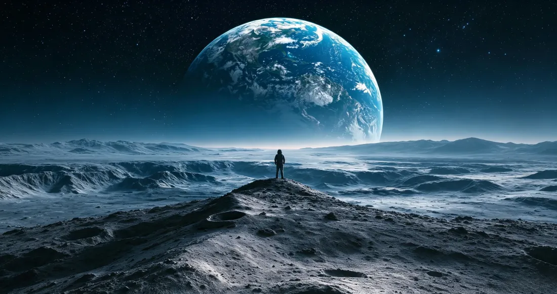 3k异星地表｜宇宙科幻背景图片 - 巨型蓝色星球宇航员孤寂眺望「哲风壁纸」