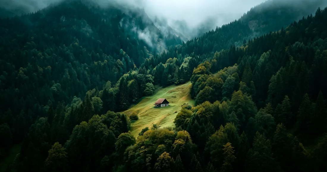 3k山谷森林｜背景图片 - 雾霭草地小屋自然风景「哲风壁纸」