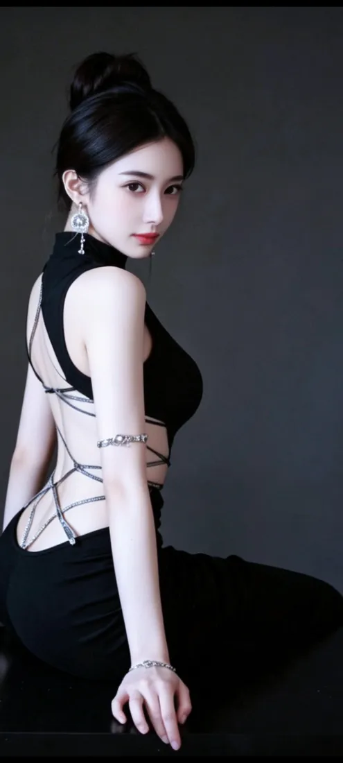 冷艳黑裙美女手机壁纸｜高级灰背景图片 - 露背盘发御姐人像「哲风壁纸」