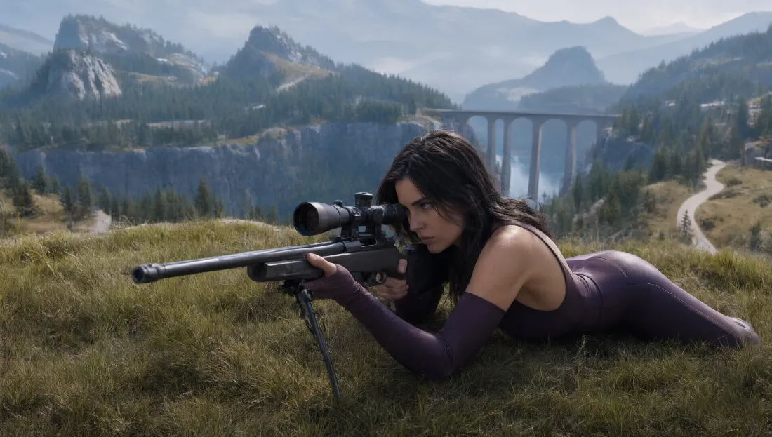 2k峡谷德拉萨女狙击手壁纸｜背景图片 - 安雅紫色长裙卧姿瞄准「哲风壁纸」
