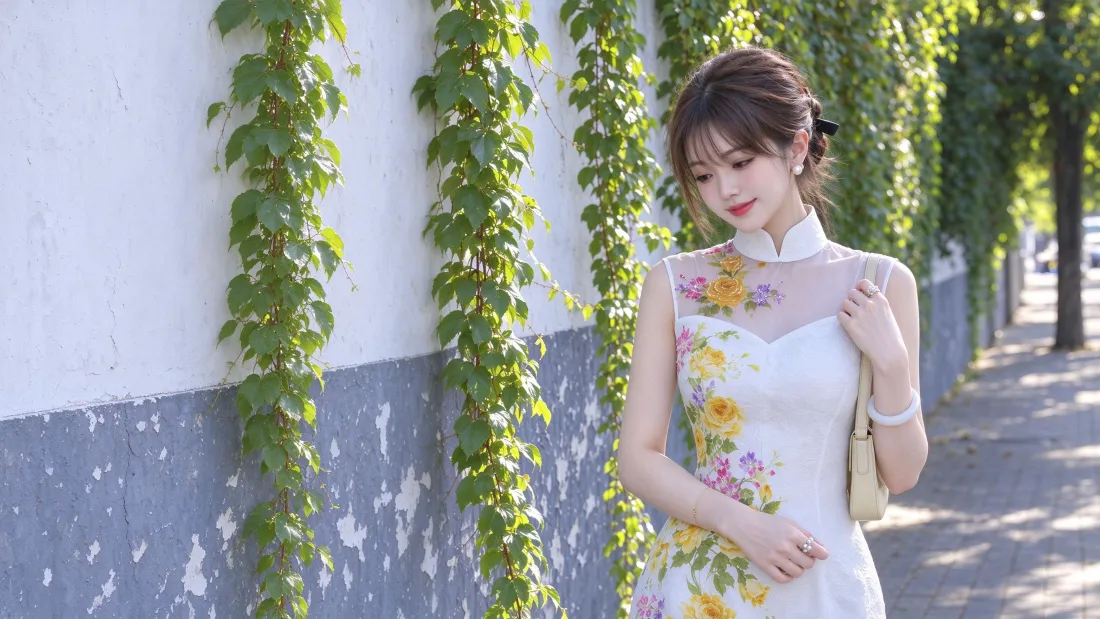 3k旗袍美女壁纸｜白墙藤蔓背景图片 - 碎花裙户外街拍「哲风壁纸」