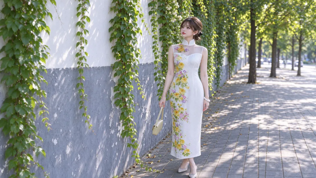 3k旗袍美女壁纸｜林荫街道背景图片 - 花裙子「哲风壁纸」