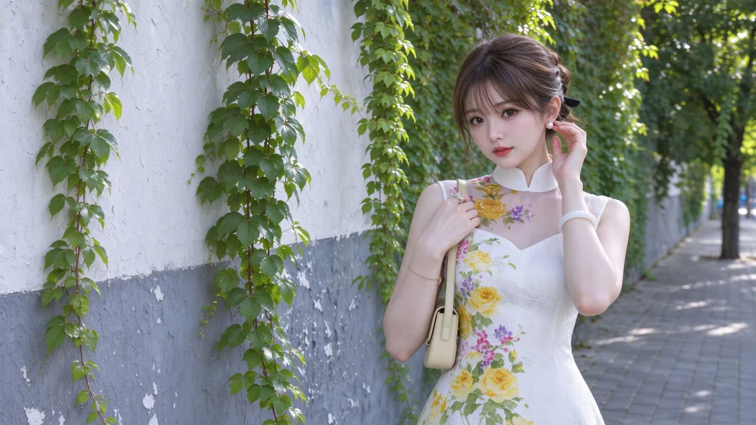 3k旗袍美女壁纸｜街拍背景图片 - 白裙花裙少女街景「哲风壁纸」