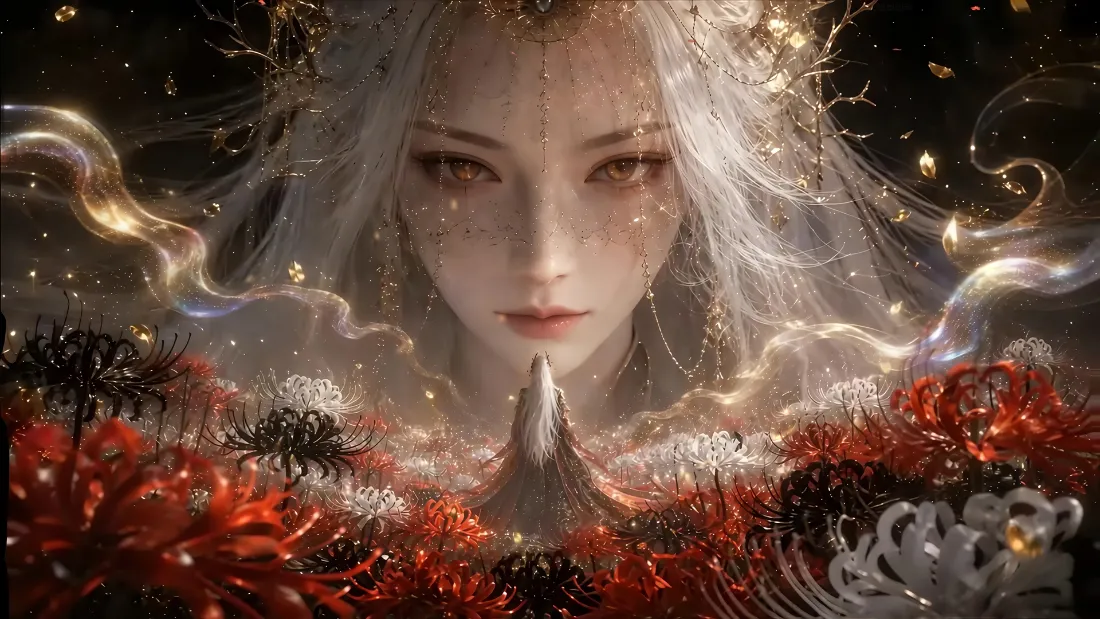 2k白发少女壁纸｜彼岸花暗黑背景 - 古风二次元人像「哲风壁纸」