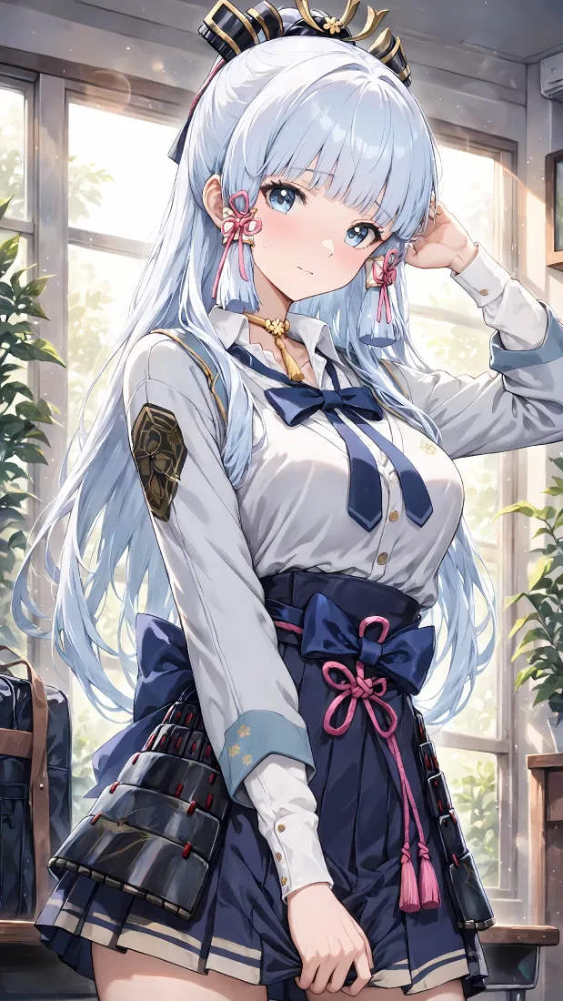 神里绫华手机壁纸｜原神JK制服背景图片 - 蓝发少女窗边校园风「哲风壁纸」