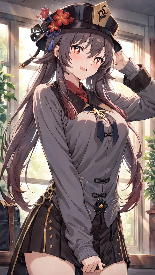 胡桃手机壁纸｜原神背景图片 - 制服少女窗边插画「哲风壁纸」
