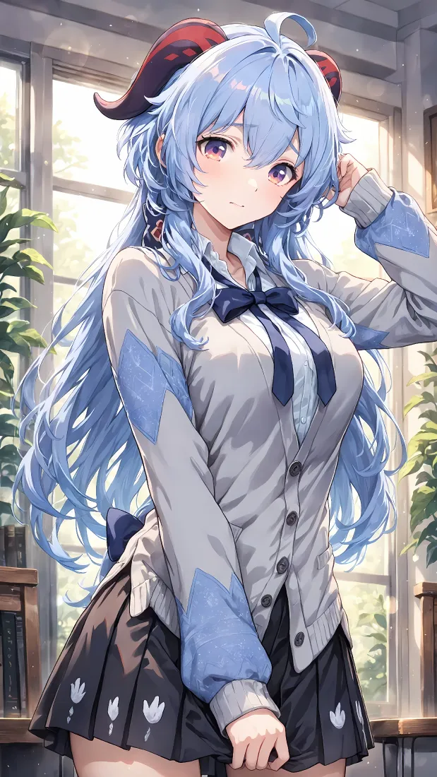 甘雨手机壁纸｜原神背景图片 - JK制服蓝发少女窗边「哲风壁纸」